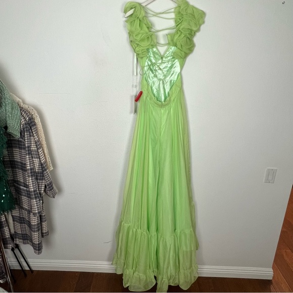 NEW Mac Duggal Indy Ruffle Tiered Cutout Chiffon Gown Mint Green Maxi Dress 4 - Picture 11 of 15